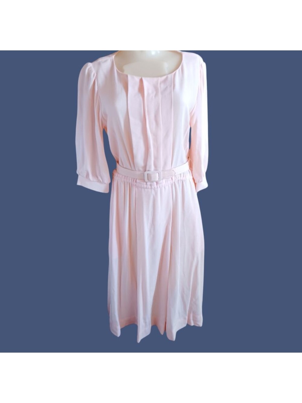 10-P Vintage Dress 1980's EJM Petite Rose Pink Belted Secretary Made In Usa